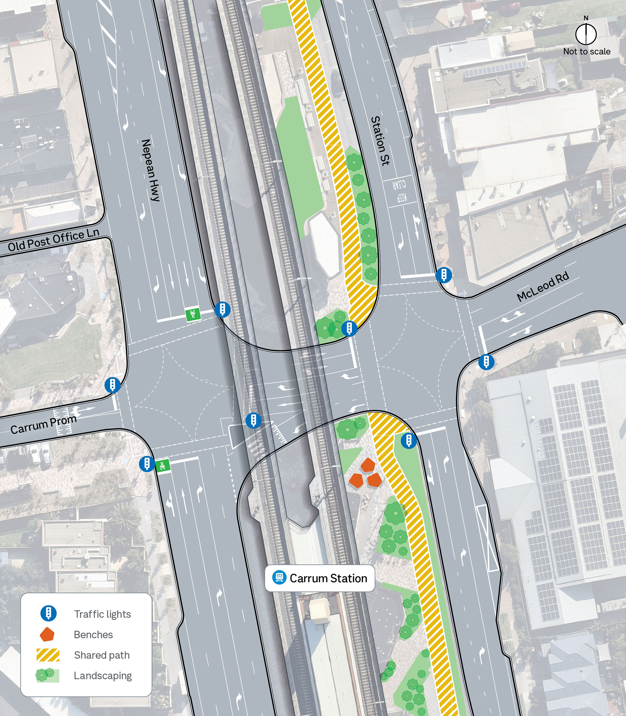 Image of detailed drawing of the intersections of the Nepean Highway, Station Street and McLeod Street in Carrum