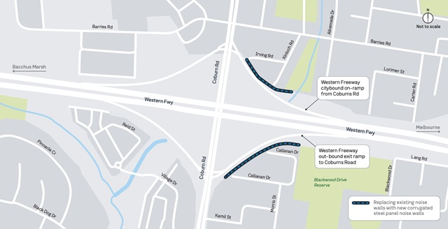 Image of map showing where we’re replacing existing noise walls in Melton.