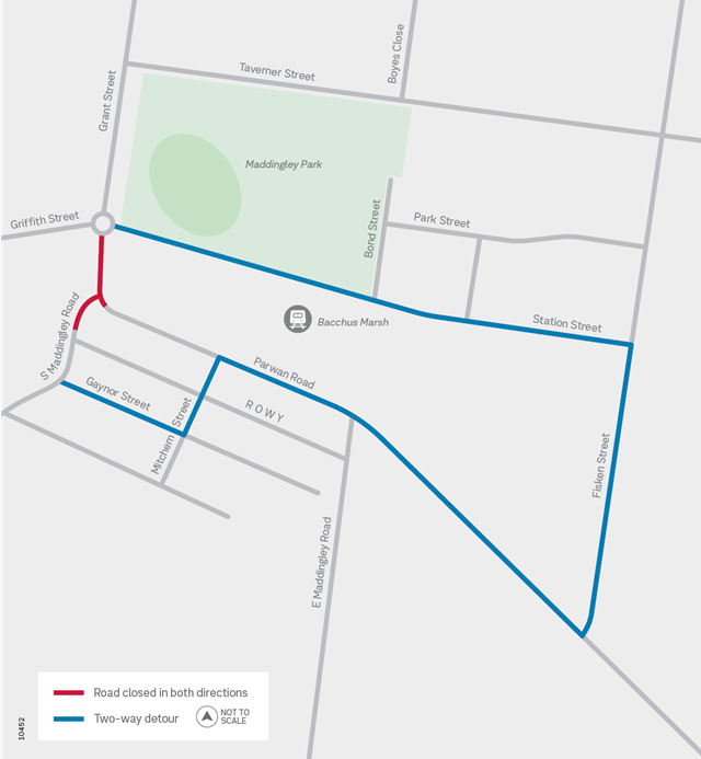 Image of map showing detour route at Parwon Road including South Maddingley Road in Maddingley