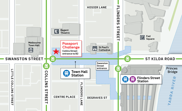 Image of a map showing the Passport Challenge route at Town Hall Station
