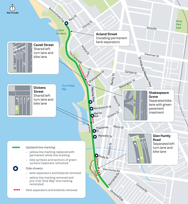 Image of map showing the pop up bike lanes along Marine Parade in St Kilda
