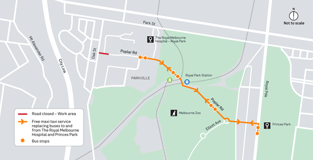 Image of map showing the route for the free maxi taxi service during poplar road sewer works