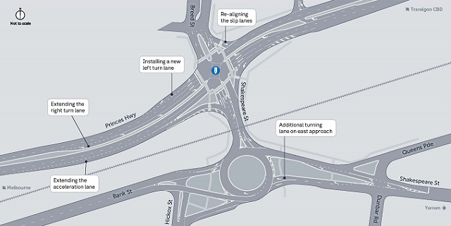 Image of map showing the upgrade at Princes Highway and Breed Street Intersection in Traralgon
