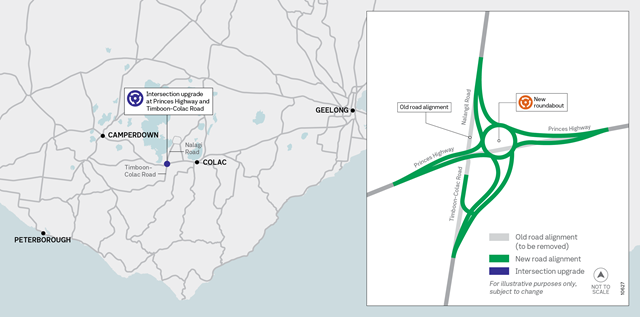 Image of map showing the Princes Highway and Timboon-Colac Road intersection upgrade