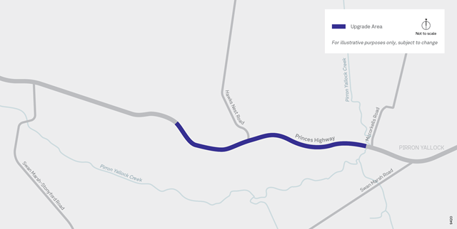 Image of map showing the upgrade works on Princes Highway West at Pirron Yallock.