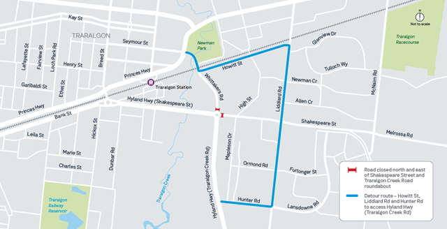 Image of map showing detour route at Shakespeare Street Traralgon