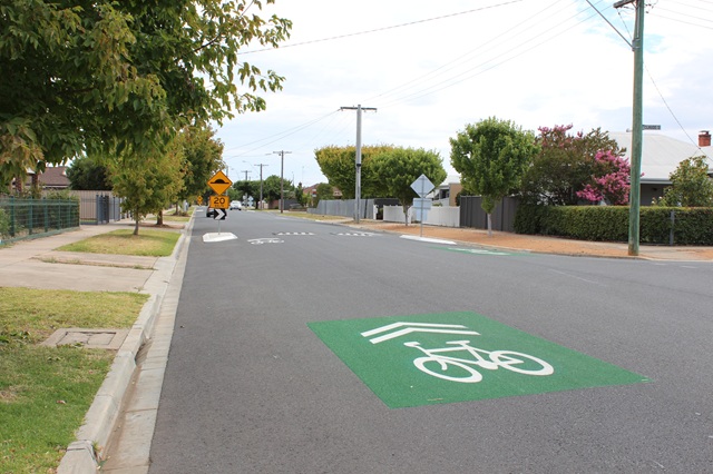 Image of a green and white cycling marking on a road on the approach to a speed hump. 20 km/h yellow and black sign also shown on the speed hump.