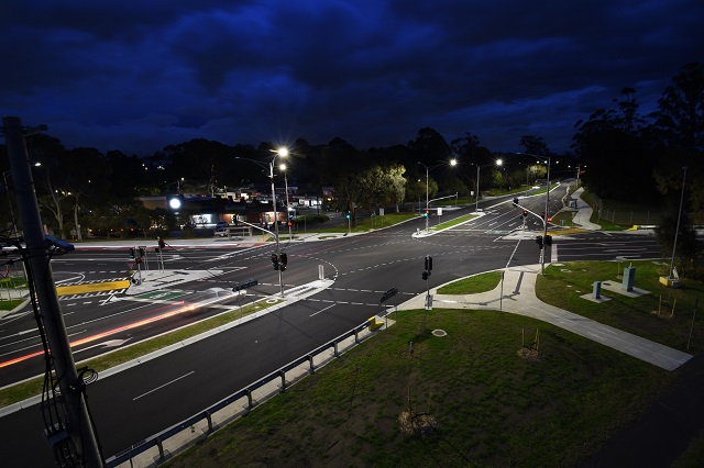 Image of Mountain Highway, Colchester Road and Albert Avenue intersection at night