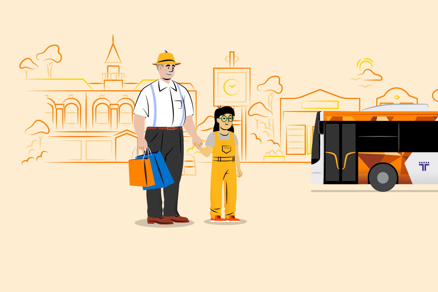 Image of a man carrying bags with a child near a bus
