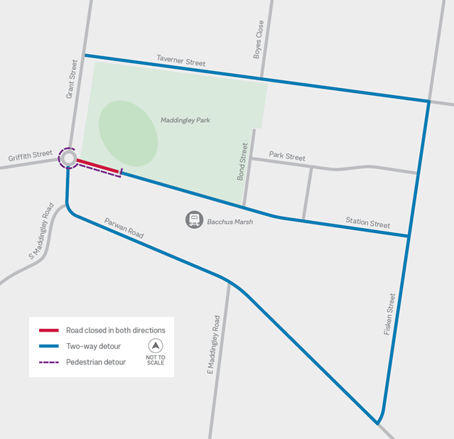 Image of map showing detour route during Station Street in Maddingley closure