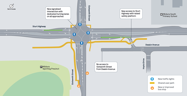 Image of map showing works on Sturt Highway and Sixteenth Street Mildura