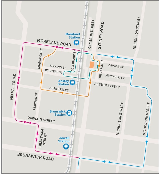 Image of a the Sydney Road detour map around the Brunswick Tram Depot
