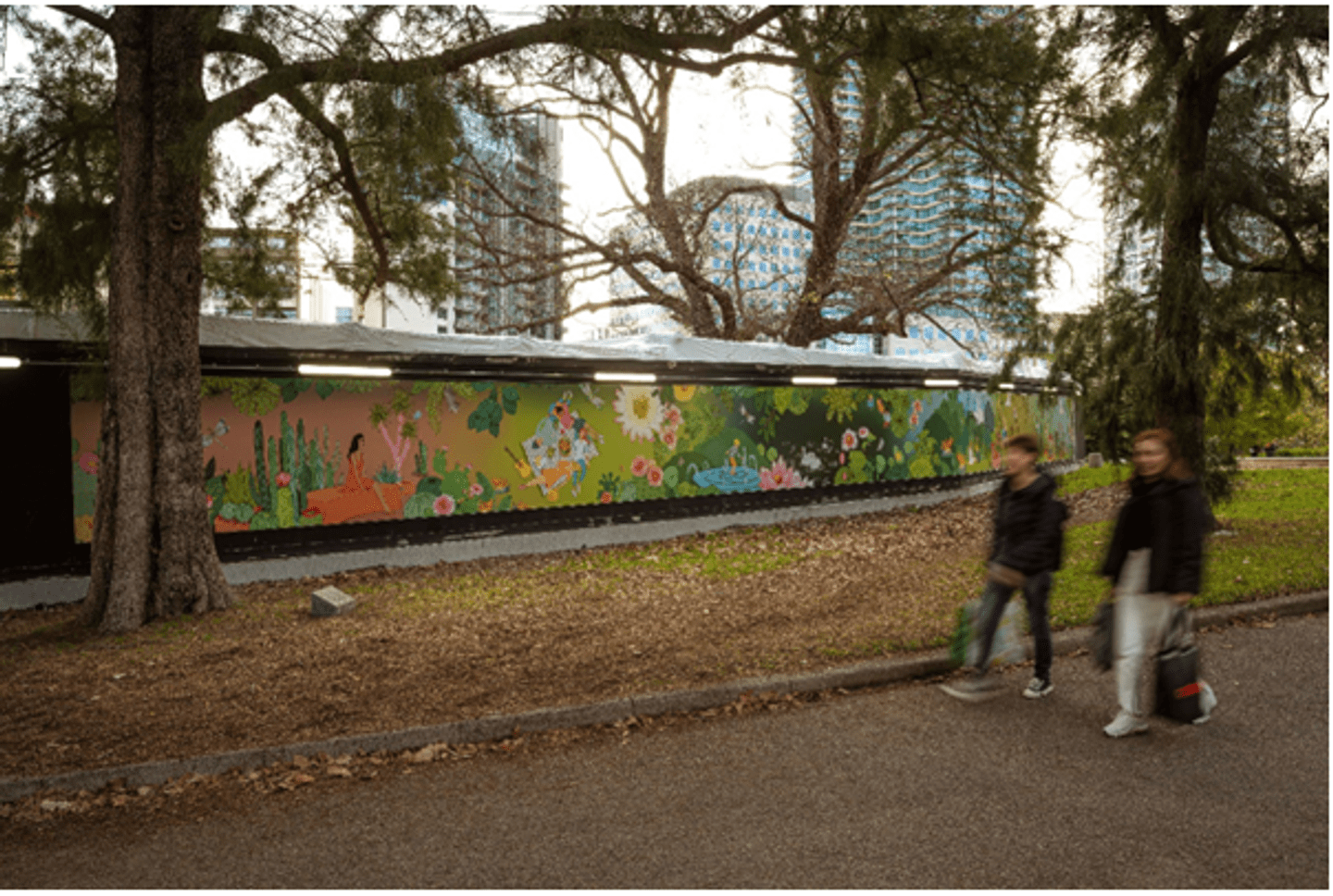 Colourful wall mural of people engaging in various park activities within the Botanic Gardens