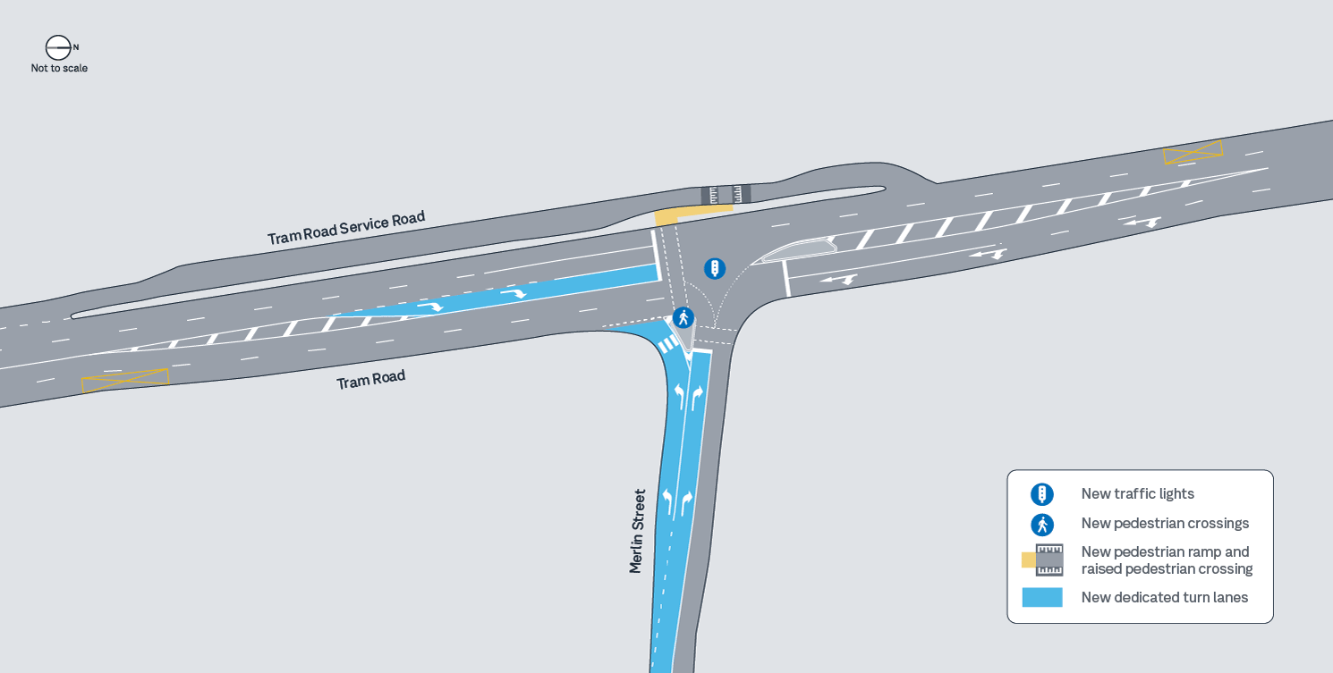 A map showing the improvements being made at the Tram Road and Merlin Street intersection. A traffic light symbol shows that new traffic lights will be installed at Tram Road and Merlin Street. A walking pedestrian symbol and line marking shows the new pedestrian crossings being installed across Merlin Street and Tram Road. A grey raised pedestrian crossing with a yellow pedestrian ramp is shown in Tram Road Service Road. Arrow line markings and turning lanes show the new dedicated right turn lane from Tram Road into Merlin Street and the new dedicated left and right turn lanes from Merlin Street into Tram Road.