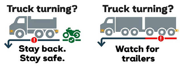 Image of two trucks, one with a bicycle behind and one with a trailer with the words Stay back, stay safe and watch for trailers