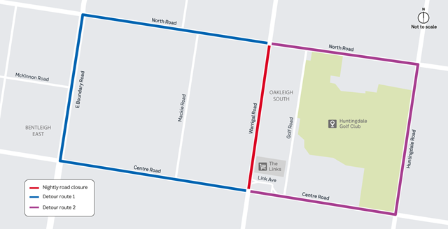 Image of map showing the Warrigal Road South Oakleigh maintenance works area