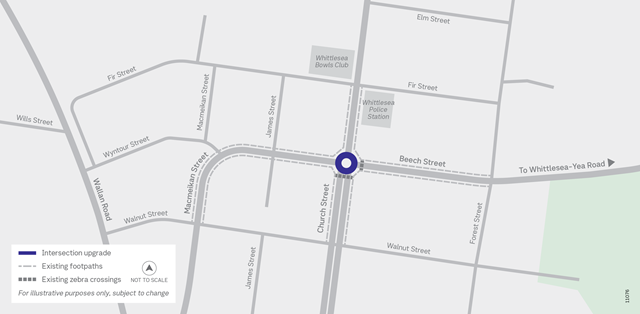 Image of map showing the Whittlesea-Yea Road and Church Street Pedestrian Safety Improvements