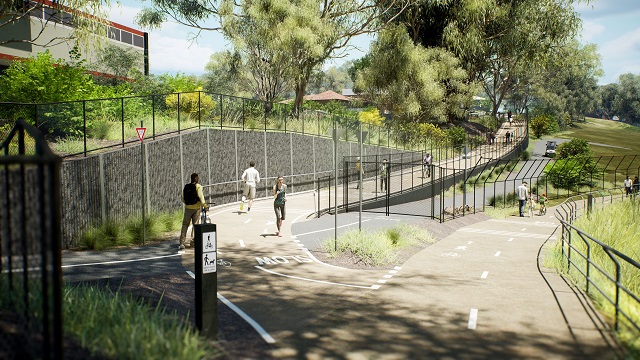 Image of  artists impression looking toward the new Alphington Link from the Darebin Creek Trail. Artist impression, subject to change.