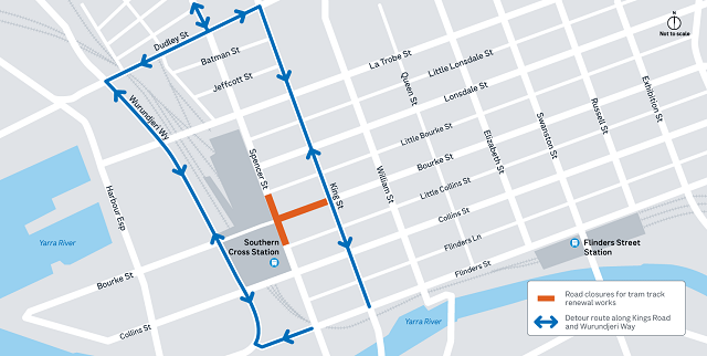 Image of detour map during the Bourke and Spencer streets tram track renewals