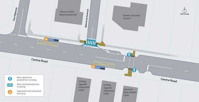 Image of map showing the location of the pedestrian operated signals on Centre Road in Benteigh