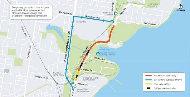 Image of map showing the detour route during Stag 1 of the Corio Quay Road bridge upgrade