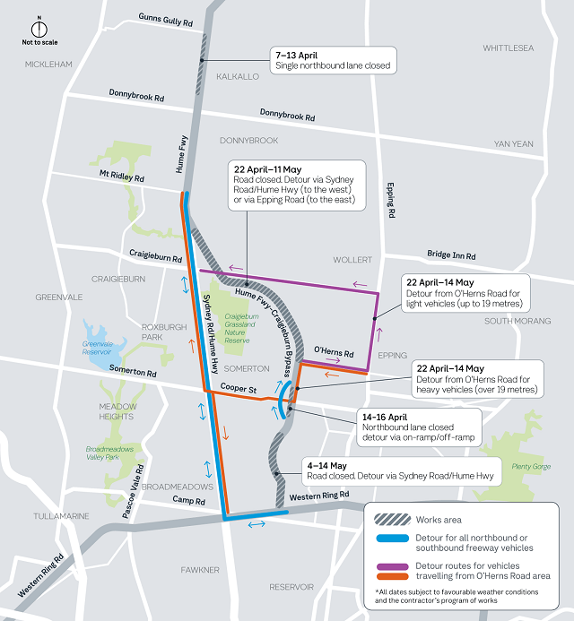 Image of map showing detour route during the Hume Freeway maintenance closure