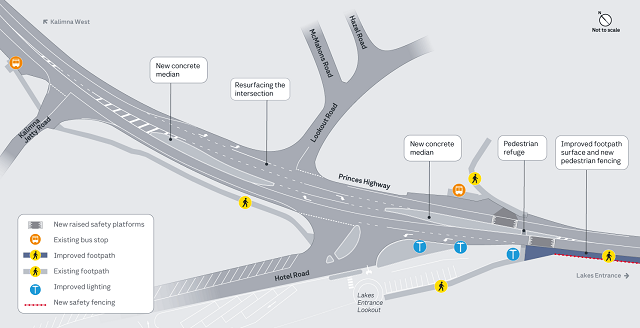 Image of map showing the Princes Highway intersection safety upgrades at Kalimna