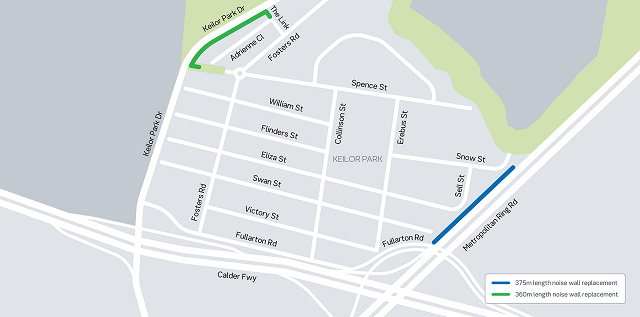 Image of a map showing the Keilor Park Drive and Metropolitan Ring Road Noise wall replacment locations