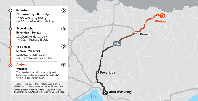 Image of a map showing the route for the oversized vehicle travelling frm Glen Waverley to Wodonga