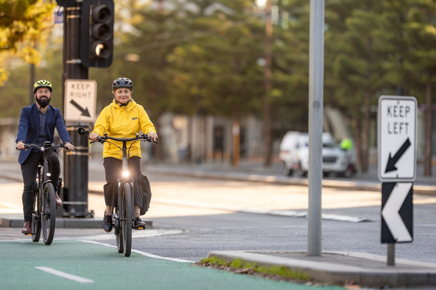 Cyclists using a separated bike lane.