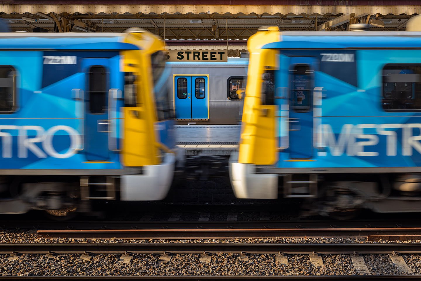 Three trains at Flinders Street.