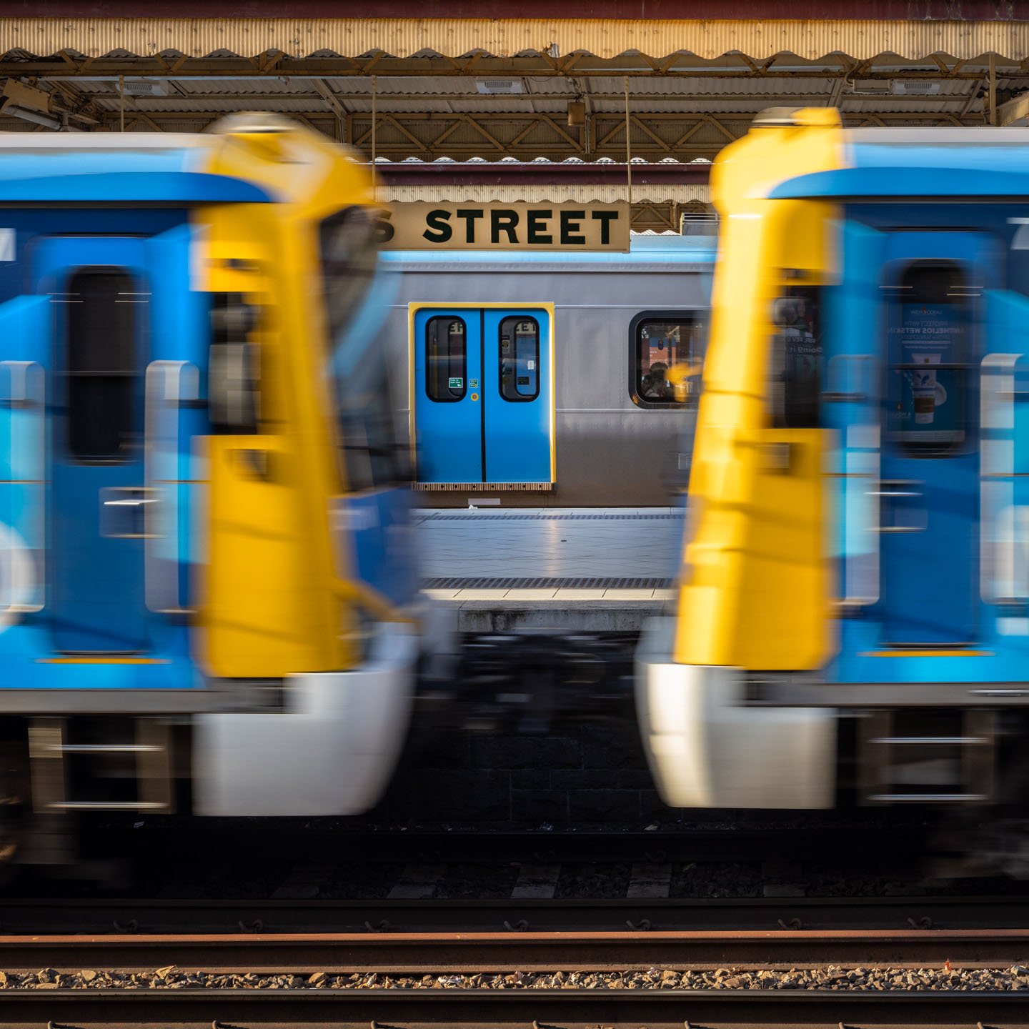 Three trains at Flinders Street.