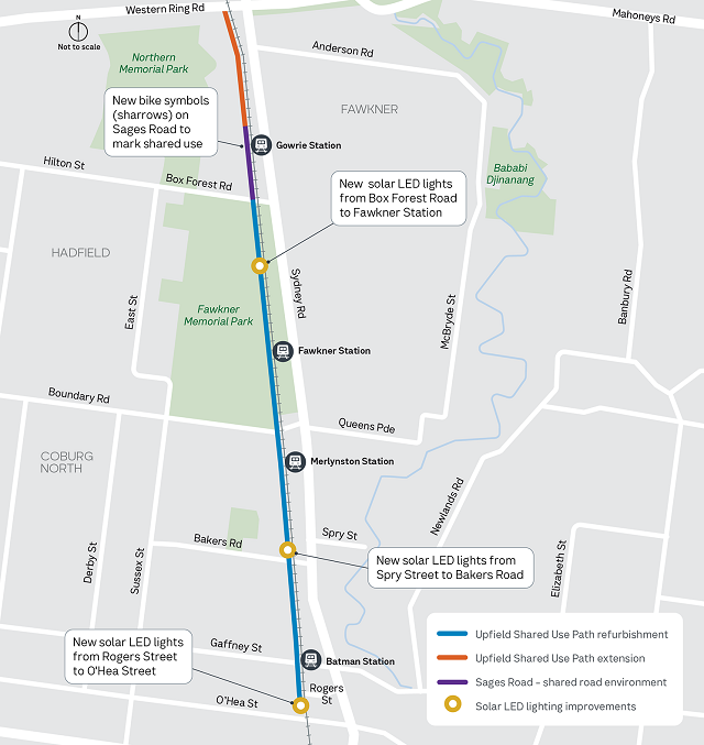 Image of map showing the areas of works along the Upfield shared path