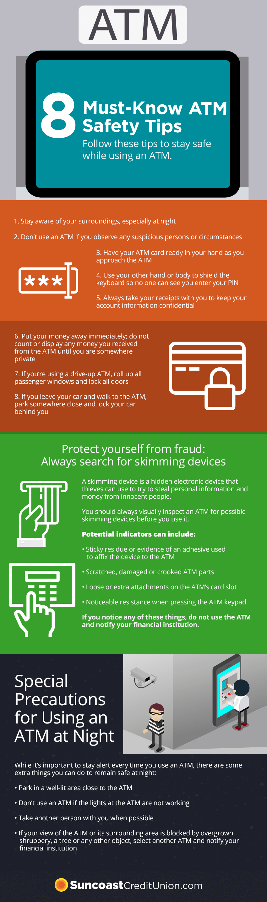 1.	Stay aware of your surroundings, especially at night 2.	Don’t use an ATM if you observe any suspicious persons or circumstances 3.	Have your ATM card ready in your hand as you approach the ATM  4.	Use your other hand or body to shield the keyboard so no one can see you enter your PIN 5.	Always take your receipts with you to keep your account information confidential 6.	Put your money away immediately; do not count or display any money you received from the ATM until you are somewhere private 7.	If you’re using a drive-up ATM, roll up all passenger windows and lock all doors  8.	If you leave your car and walk to the ATM, park somewhere close and lock your car behind you