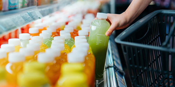 Shopper pulling juice bottle out of grocery store refrigerator