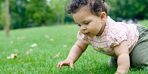Baby girl crawling in grass