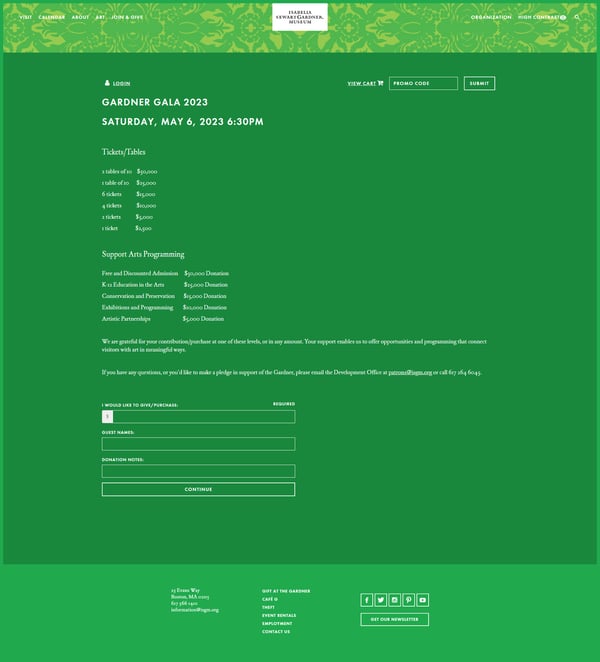 Screenshot of Isabella Stewart Gardner Museum's gala checkout webpage