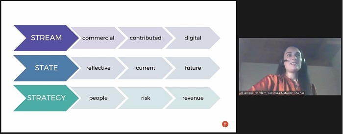 Screenshot from a webinar. At right, webcam of a woman with long dark hair wearing a headset; at left, a framework showing (from top to bottom) Stream, State, Strategy.