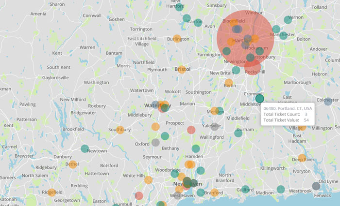 Screenshot of a map overlaid with translucent dots of various sizes and colors. A popup reads: 06480, Portland, CT, USA -  Total ticket count 3, Total ticket value 54.