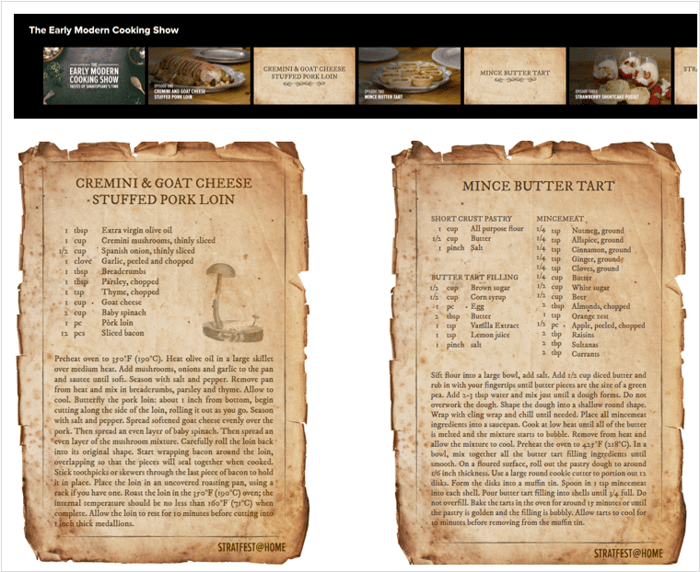 Screenshot showing two yellowed pages, one a recipe for Cremini & Goat Cheese Stuffed Pork Loin and the other a recipe for Mince Butter Tart
