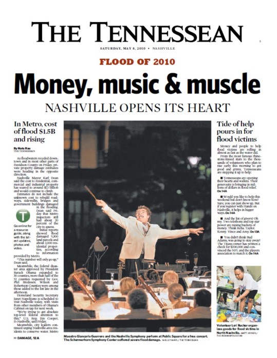 Front page of The Tennessean newspaper with the headline: “Money, music & muscle/Nashville opens its heart.”
