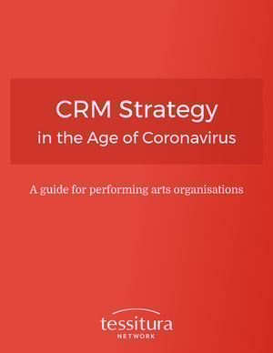 Cover image showing white text on a red background, reading CRM Strategy in the Age of Coronavirus: A guide for performing arts organisations, with the Tessitura Network logo at the bottom