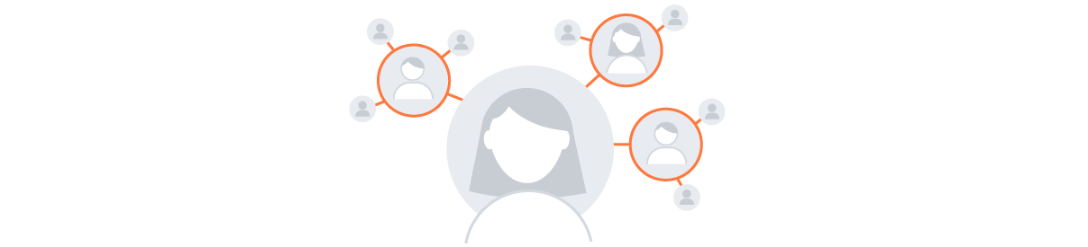 Illustration showing people, some of them surrounded by orange circles and all connected by orange lines