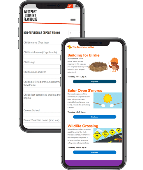 two mobile phones showing camp and class registration
