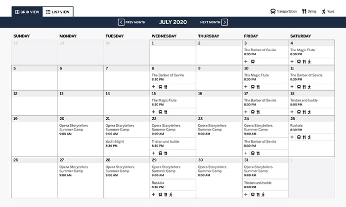 Santa Fe Opera's online calendar listing for July 2020