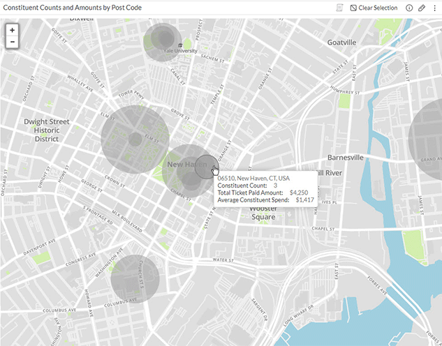 Screenshot of a map with overlays of gray circles of varying diameter, and an info box next to the cursor