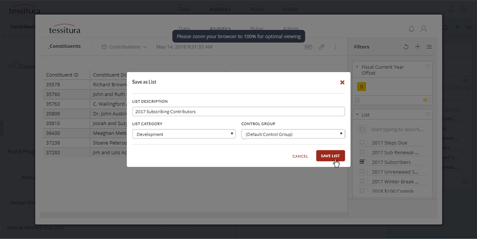 Screenshot of exporting data to a list in Tessitura Analytics