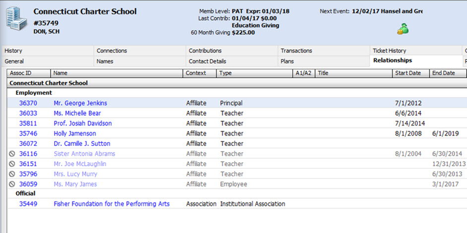 Screenshot of relationships