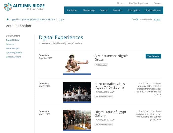 Screenshot showing 'Account Section' and then 'Digital Experiences' with three past orders listed