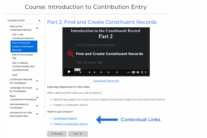 Screenshot of Tessitura Learning module with contextual links at the bottom indicated by a blue arrow